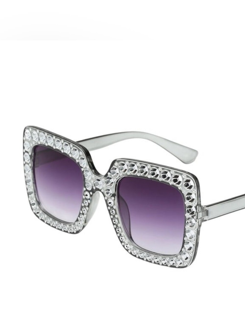 Fashion Glam Gray Crystal-Embellished Square Purple Gradient Lenses Sunglasses
